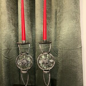 Vintage Unique wrought iron taper candle holders decorative glass centerpiece.